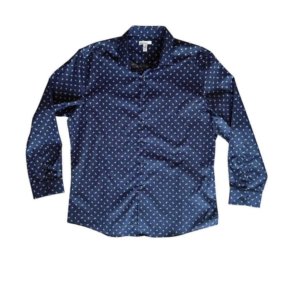 Bar III Navy Blue Slim Fit Stretch Button Down Floral Shirt XL Neck 17